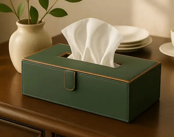 Коробка для салфеток с отделкой из кожи и бархата